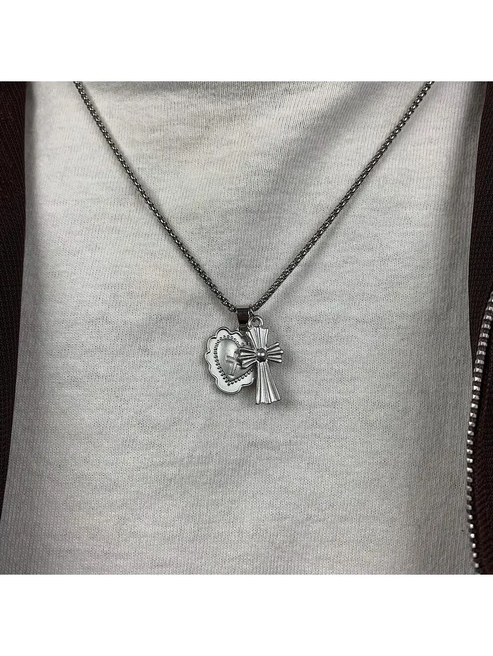 Y2k grunge style Silver stainless steel gothic cross and heart shaped pendant